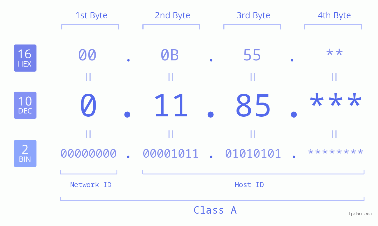 IP Address: 0.11.85 Data Structure Chart BIN DEC HEX IPv4: 0.11.85 Network Class, Net ID, Host ID