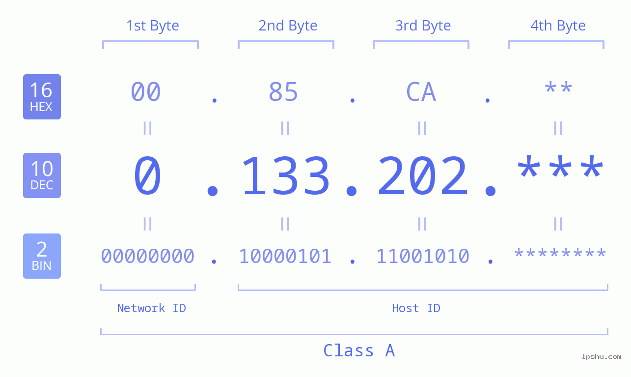 IP Address: 0.133.202 Data Structure Chart BIN DEC HEX IPv4: 0.133.202 Network Class, Net ID, Host ID