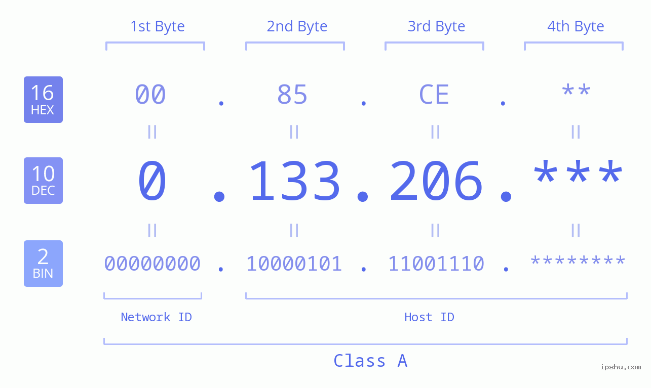 IP Address: 0.133.206 Data Structure Chart BIN DEC HEX IPv4: 0.133.206 Network Class, Net ID, Host ID