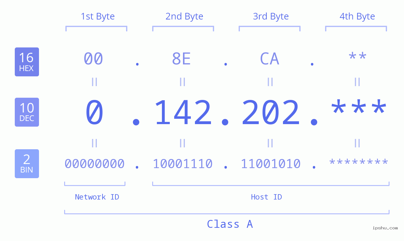 IP Address: 0.142.202 Data Structure Chart BIN DEC HEX IPv4: 0.142.202 Network Class, Net ID, Host ID