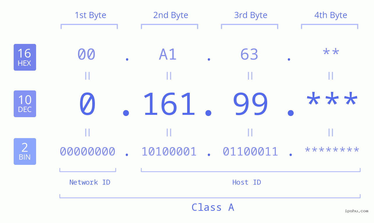 IP Address: 0.161.99 Data Structure Chart BIN DEC HEX IPv4: 0.161.99 Network Class, Net ID, Host ID