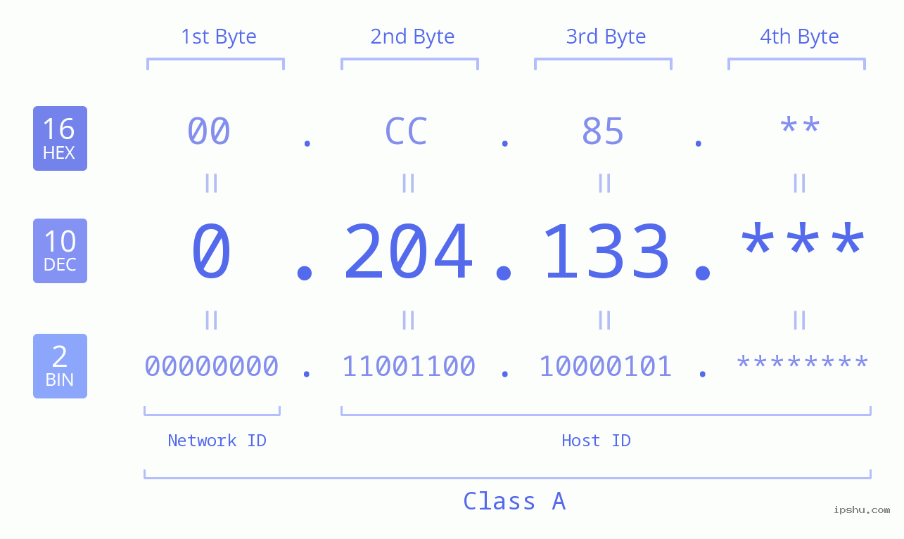 IP Address: 0.204.133 Data Structure Chart BIN DEC HEX IPv4: 0.204.133 Network Class, Net ID, Host ID