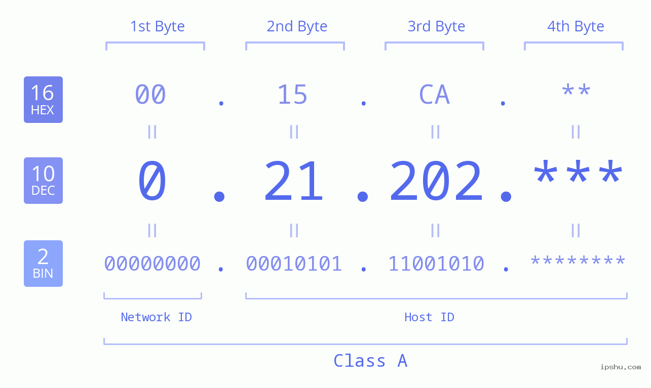 IP Address: 0.21.202 Data Structure Chart BIN DEC HEX IPv4: 0.21.202 Network Class, Net ID, Host ID