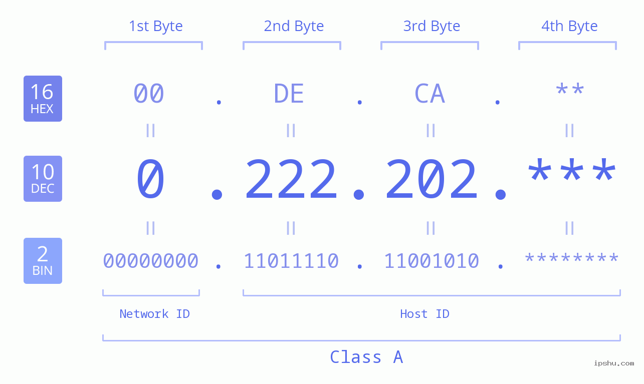 IP Address: 0.222.202 Data Structure Chart BIN DEC HEX IPv4: 0.222.202 Network Class, Net ID, Host ID