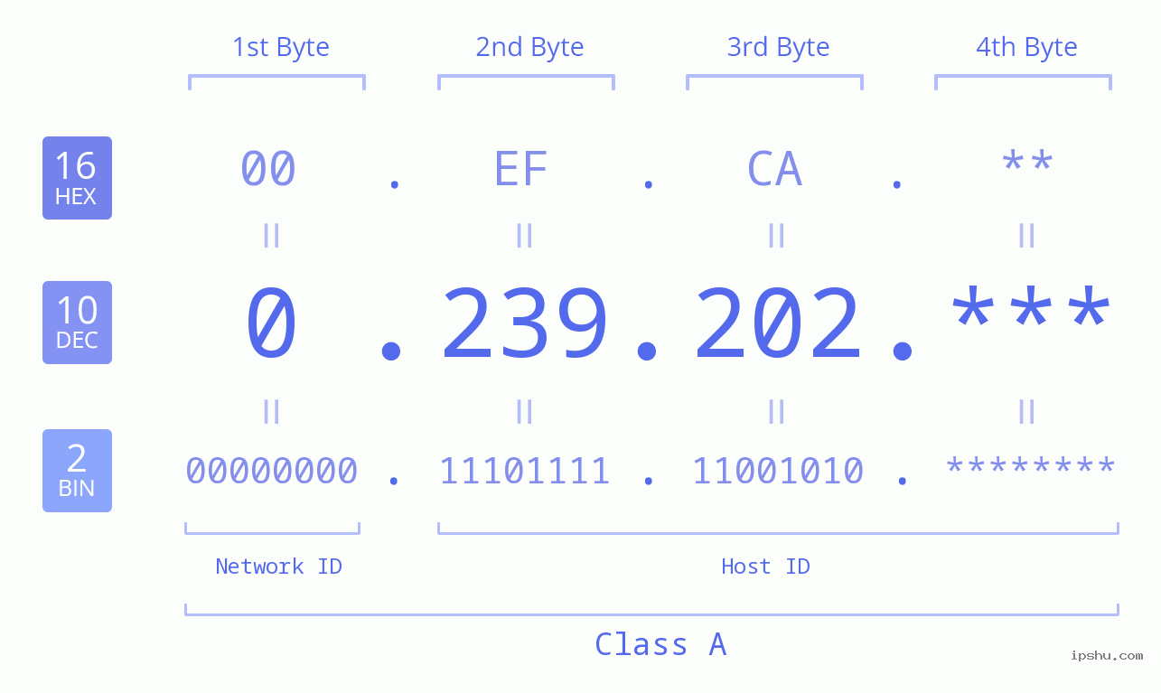 IP Address: 0.239.202 Data Structure Chart BIN DEC HEX IPv4: 0.239.202 Network Class, Net ID, Host ID