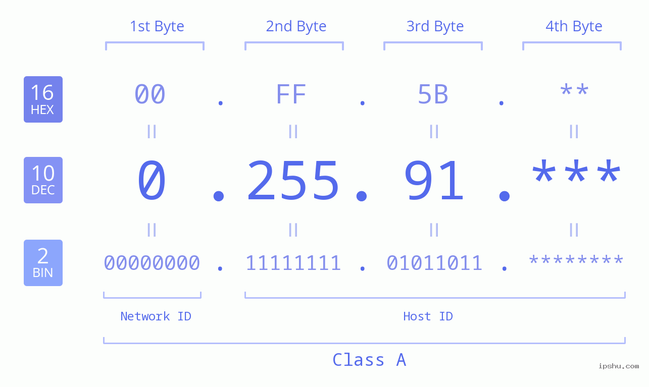 IP Address: 0.255.91 Data Structure Chart BIN DEC HEX IPv4: 0.255.91 Network Class, Net ID, Host ID