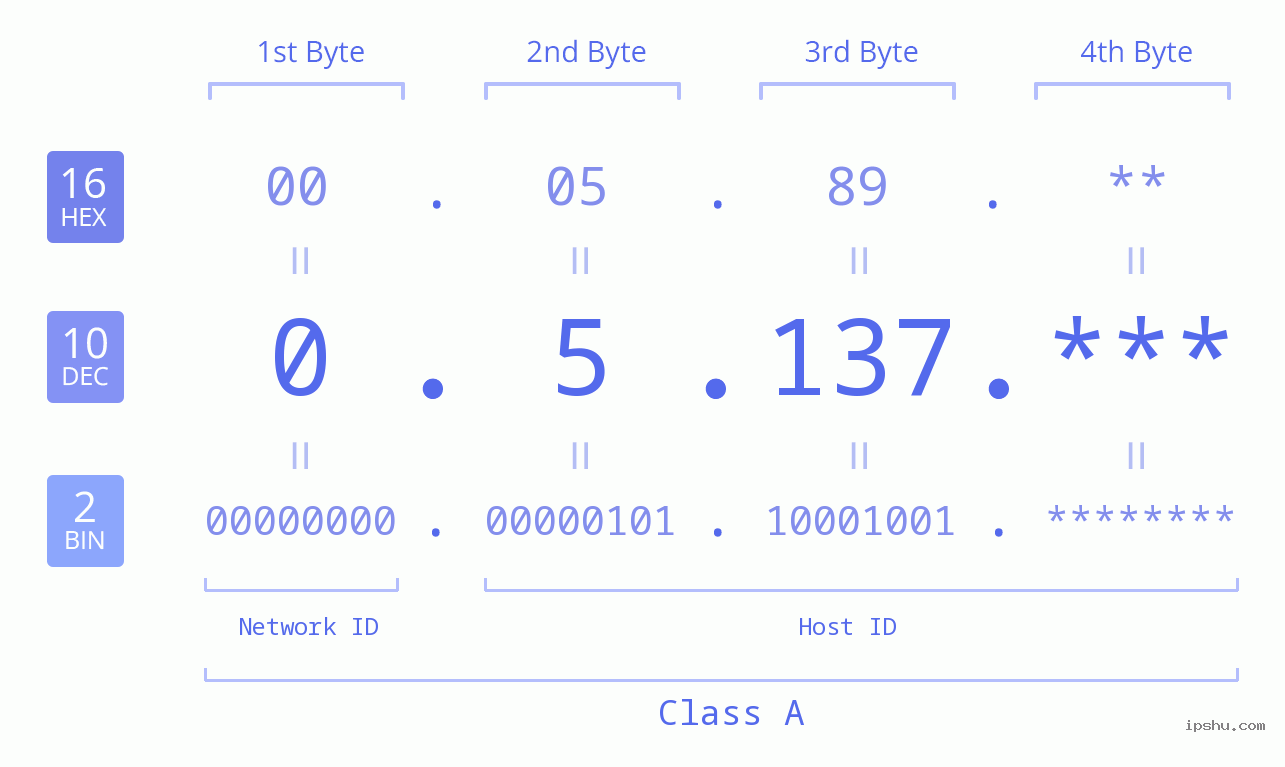IP Address: 0.5.137 Data Structure Chart BIN DEC HEX IPv4: 0.5.137 Network Class, Net ID, Host ID