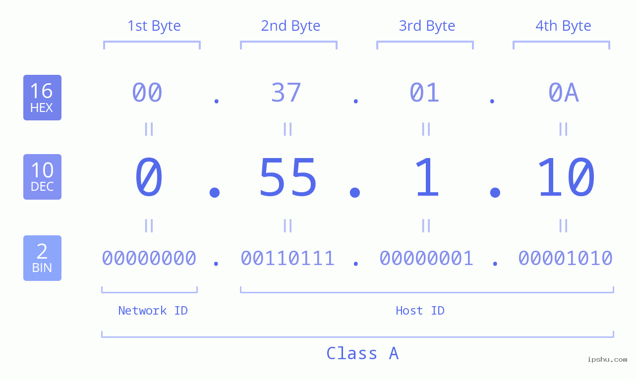 IP Address: 0.55.1.10 Data Structure Chart BIN DEC HEX IPv4: 0.55.1.10 Network Class, Net ID, Host ID
