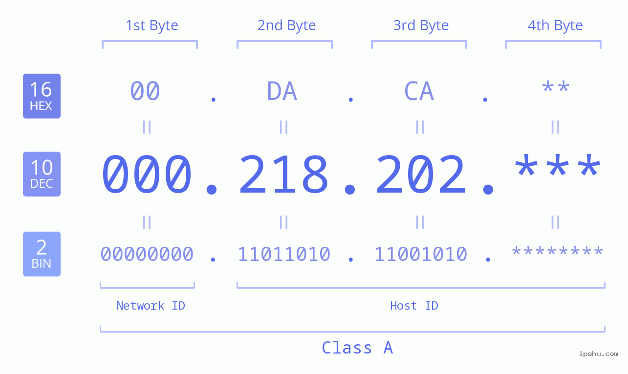 IP Address: 000.218.202 Data Structure Chart BIN DEC HEX IPv4: 000.218.202 Network Class, Net ID, Host ID