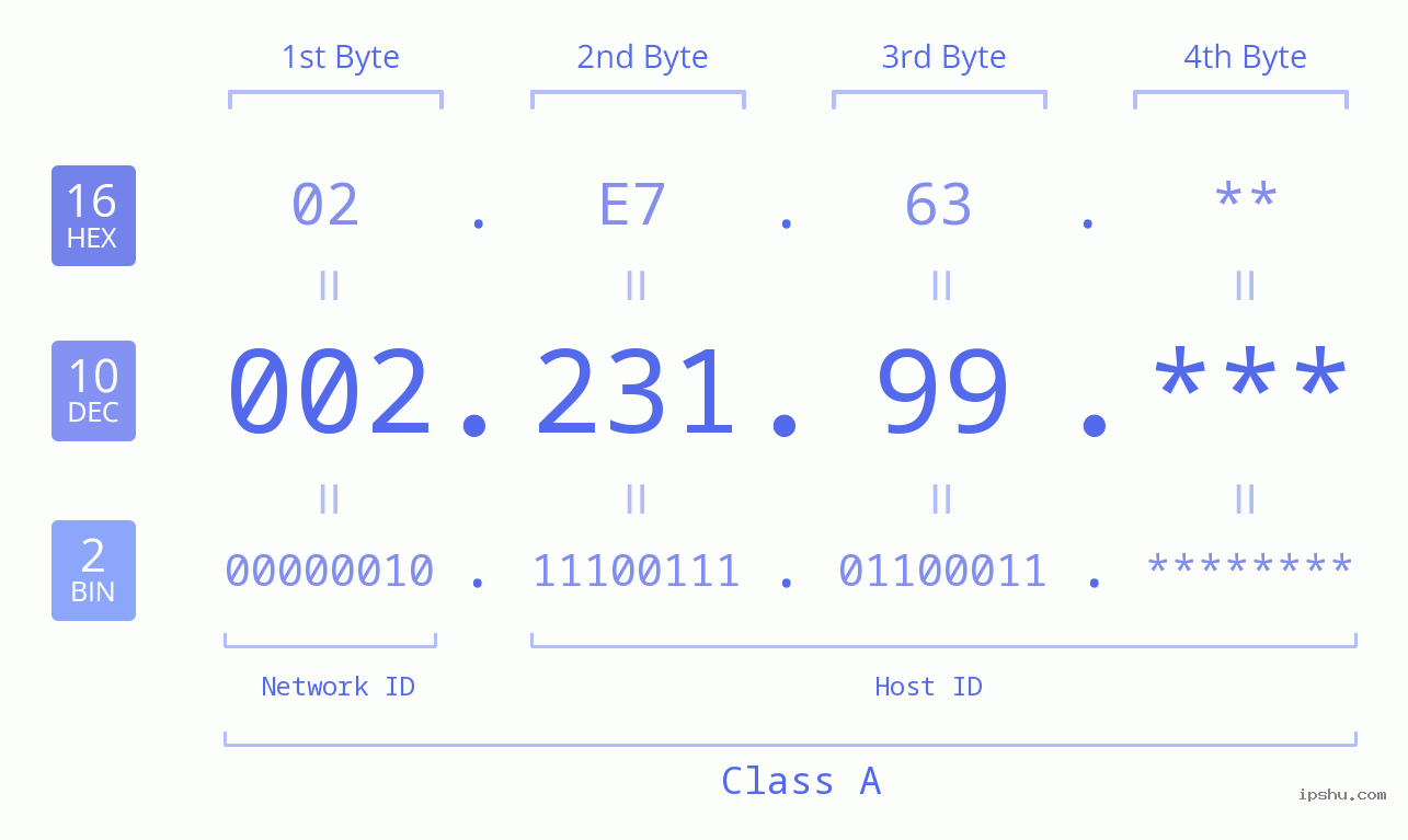 IP Address: 002.231.99 Data Structure Chart BIN DEC HEX IPv4: 002.231.99 Network Class, Net ID, Host ID