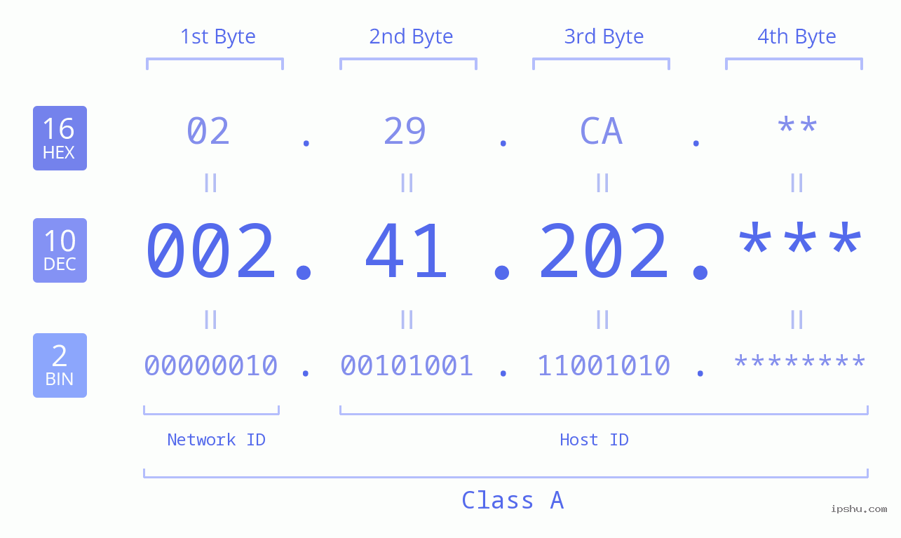 IP Address: 002.41.202 Data Structure Chart BIN DEC HEX IPv4: 002.41.202 Network Class, Net ID, Host ID
