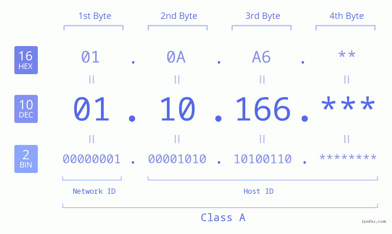 IP Address: 01.10.166 Data Structure Chart BIN DEC HEX IPv4: 01.10.166 Network Class, Net ID, Host ID