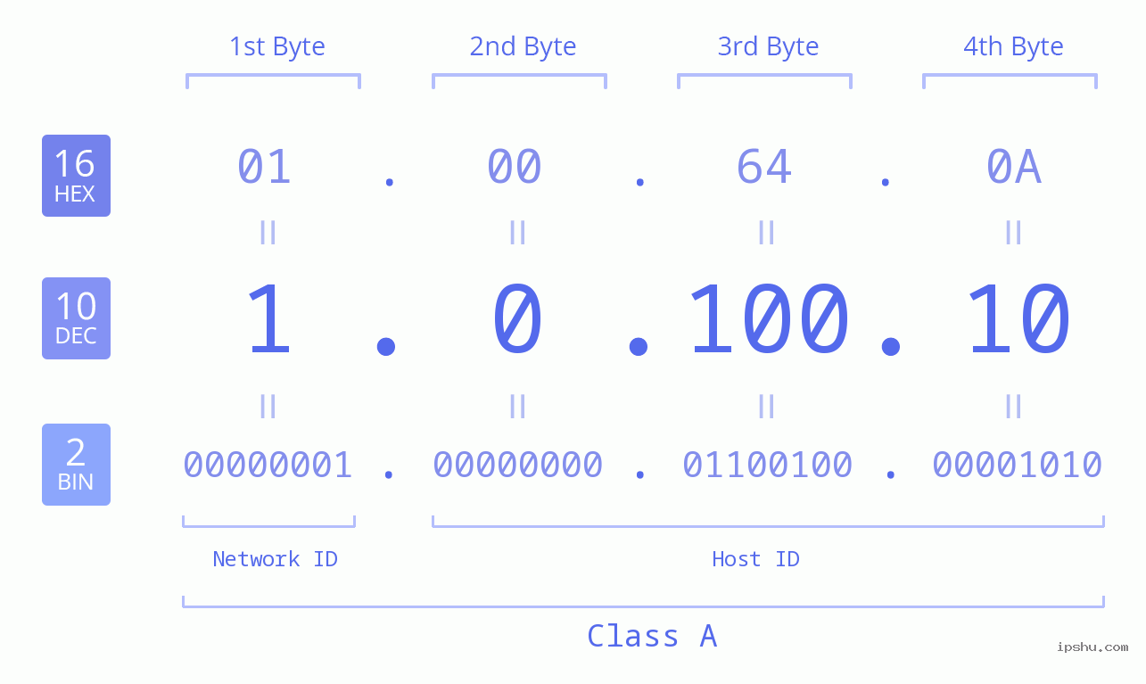 IP Address: 1.0.100.10 Data Structure Chart BIN DEC HEX IPv4: 1.0.100.10 Network Class, Net ID, Host ID