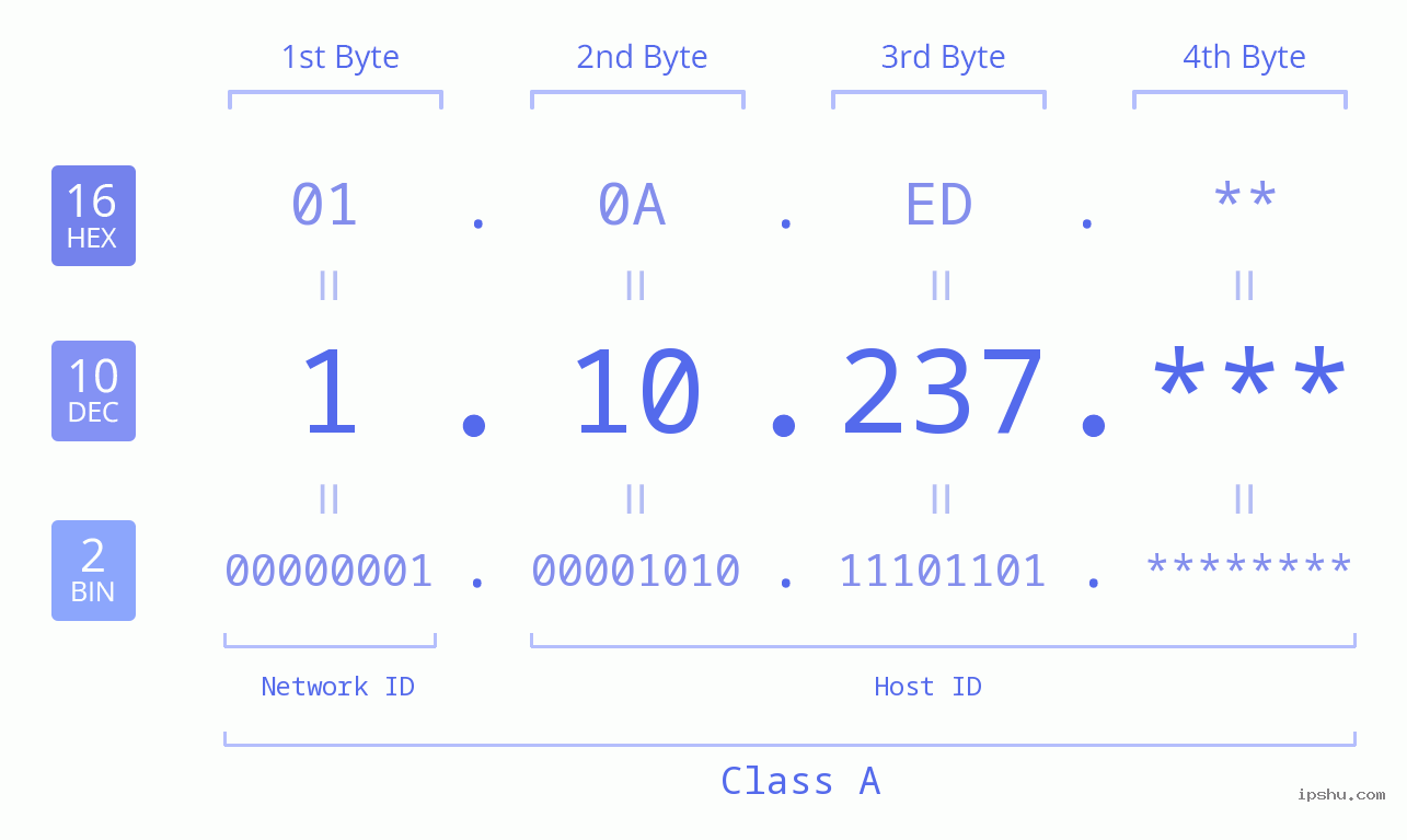 IP Address: 1.10.237 Data Structure Chart BIN DEC HEX IPv4: 1.10.237 Network Class, Net ID, Host ID
