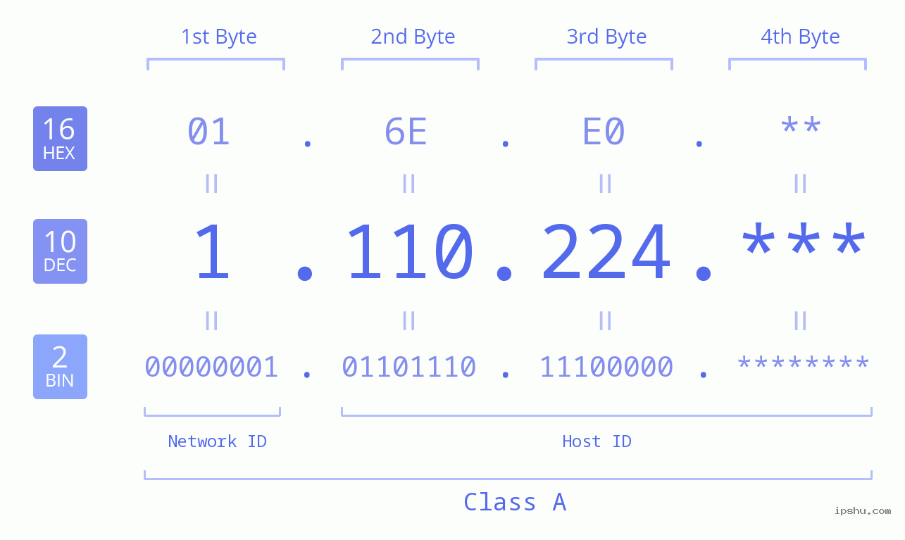 IP Address: 1.110.224 Data Structure Chart BIN DEC HEX IPv4: 1.110.224 Network Class, Net ID, Host ID