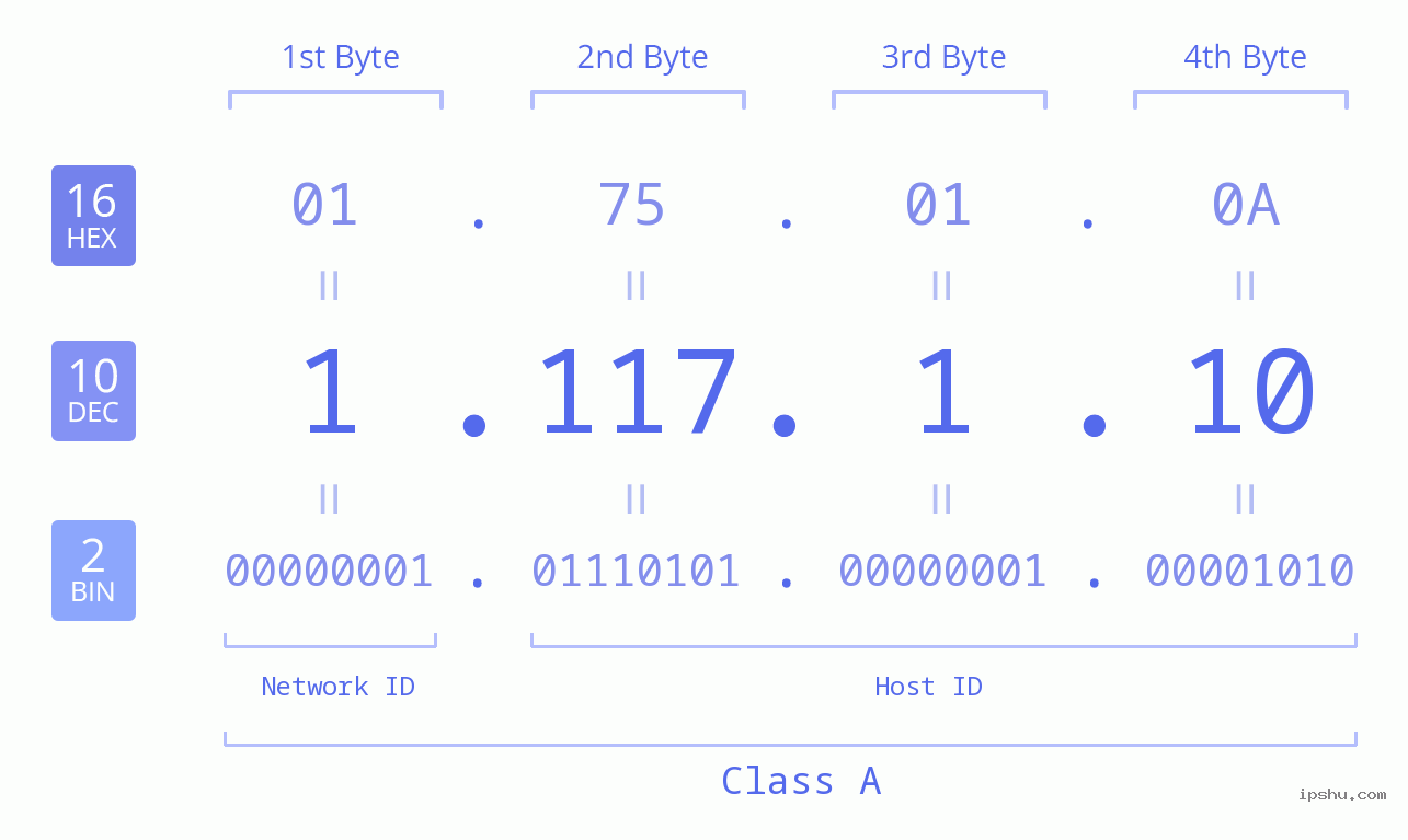 IP Address: 1.117.1.10 Data Structure Chart BIN DEC HEX IPv4: 1.117.1.10 Network Class, Net ID, Host ID