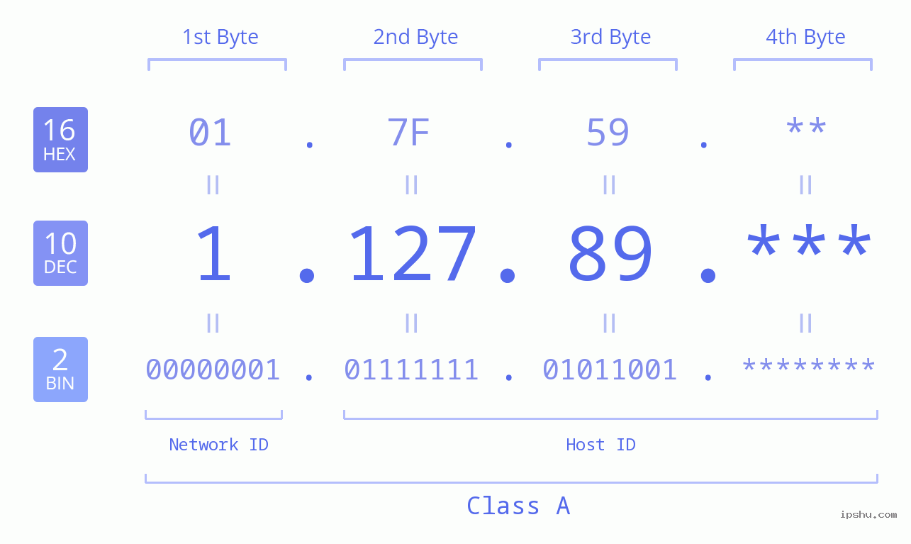 IP Address: 1.127.89 Data Structure Chart BIN DEC HEX IPv4: 1.127.89 Network Class, Net ID, Host ID