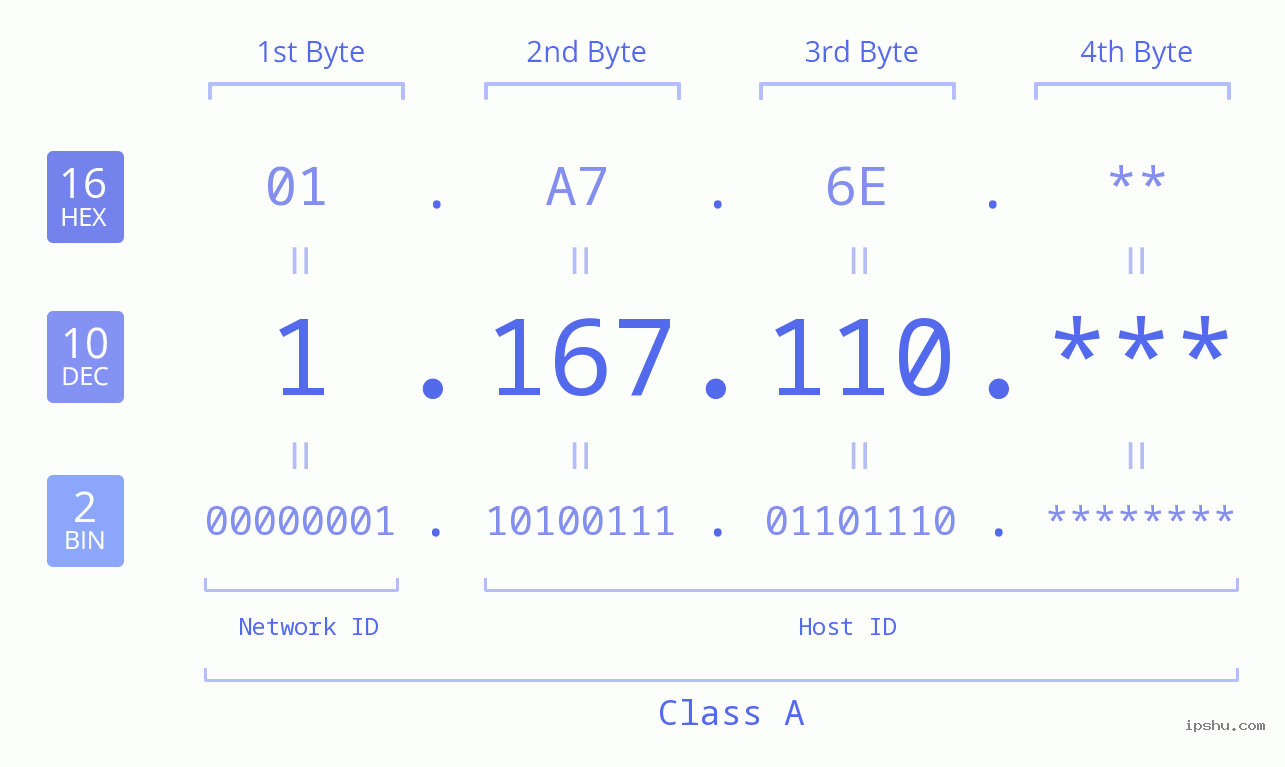 IP Address: 1.167.110 Data Structure Chart BIN DEC HEX IPv4: 1.167.110 Network Class, Net ID, Host ID