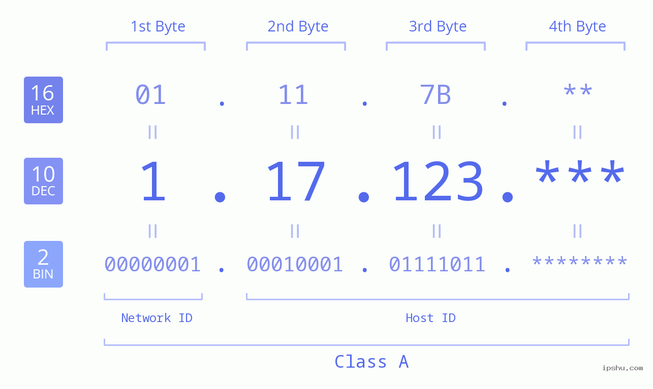 IP Address: 1.17.123 Data Structure Chart BIN DEC HEX IPv4: 1.17.123 Network Class, Net ID, Host ID
