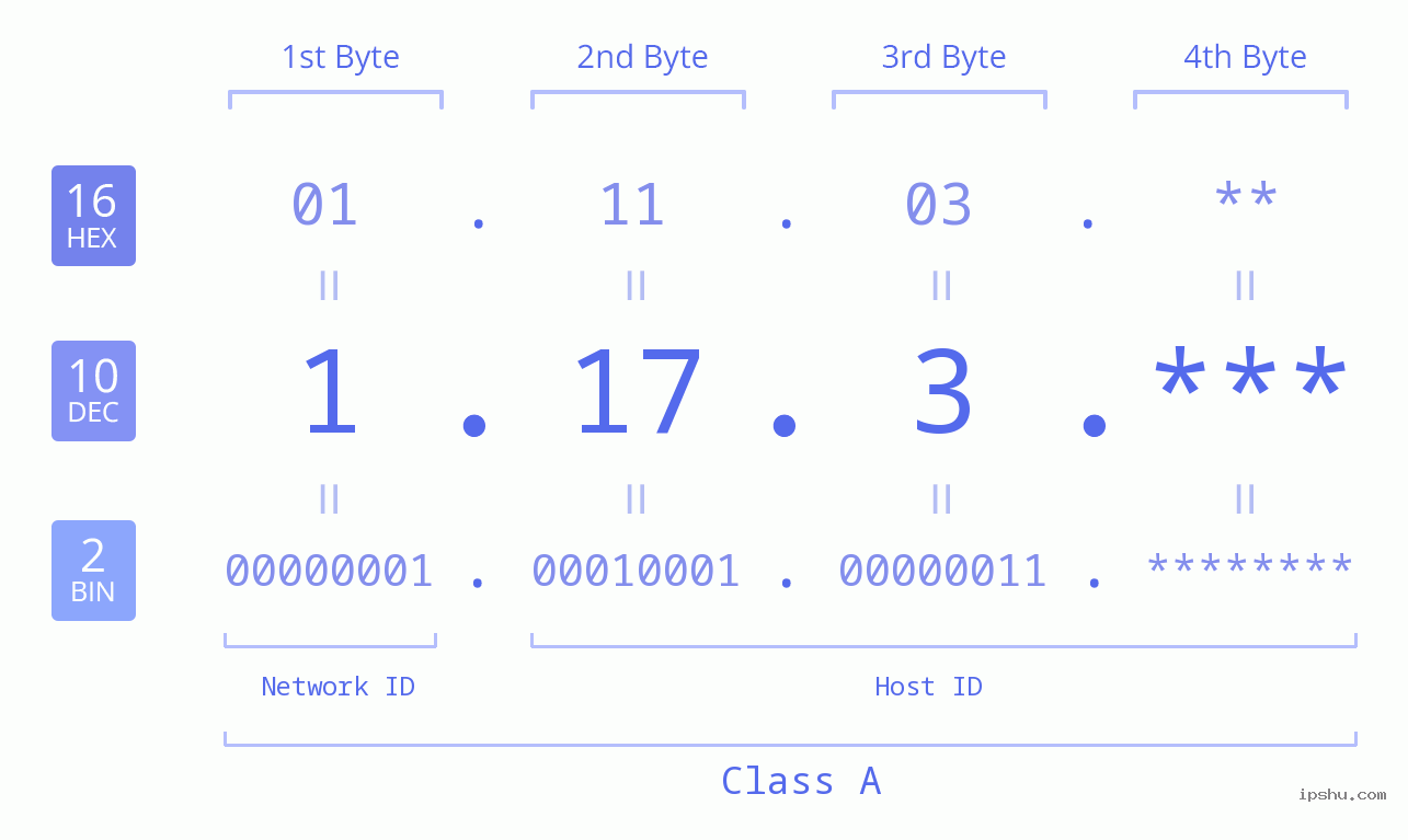 IP Address: 1.17.3 Data Structure Chart BIN DEC HEX IPv4: 1.17.3 Network Class, Net ID, Host ID