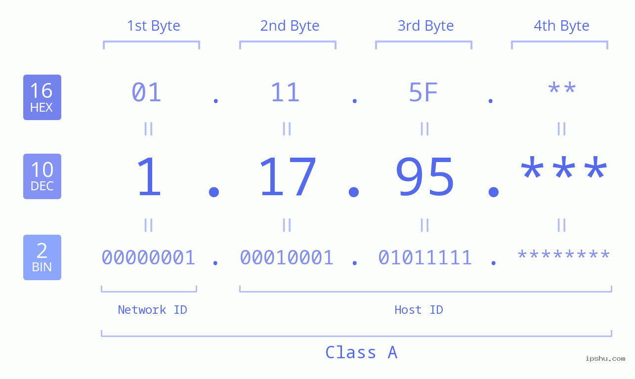 IP Address: 1.17.95 Data Structure Chart BIN DEC HEX IPv4: 1.17.95 Network Class, Net ID, Host ID