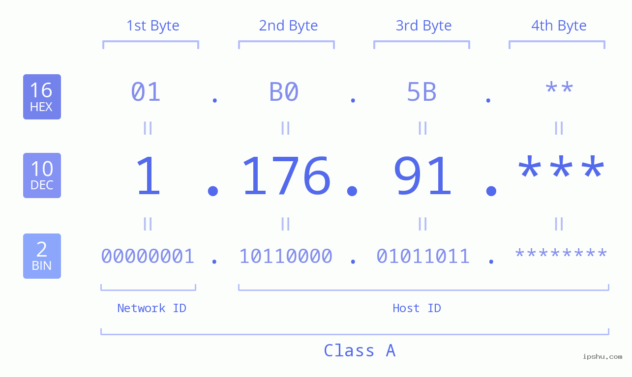 IP Address: 1.176.91 Data Structure Chart BIN DEC HEX IPv4: 1.176.91 Network Class, Net ID, Host ID