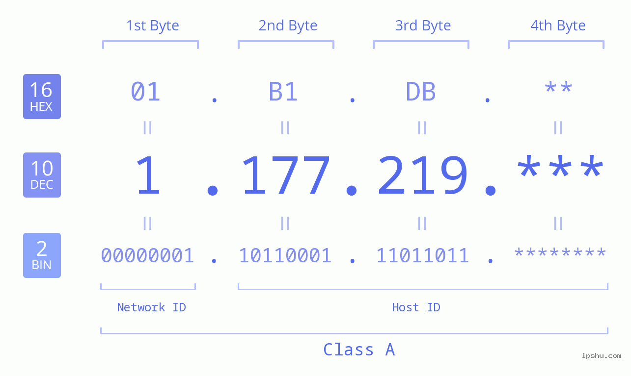 IP Address: 1.177.219 Data Structure Chart BIN DEC HEX IPv4: 1.177.219 Network Class, Net ID, Host ID