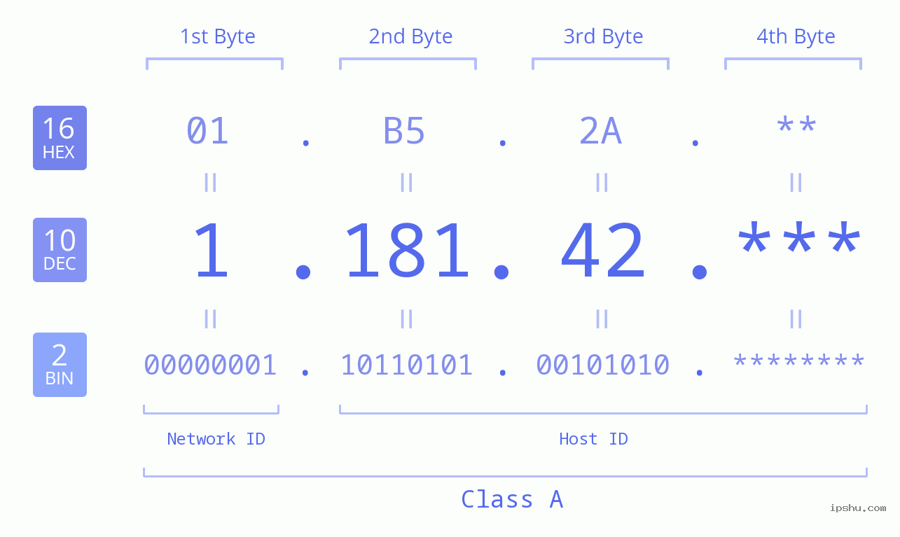 IP Address: 1.181.42 Data Structure Chart BIN DEC HEX IPv4: 1.181.42 Network Class, Net ID, Host ID