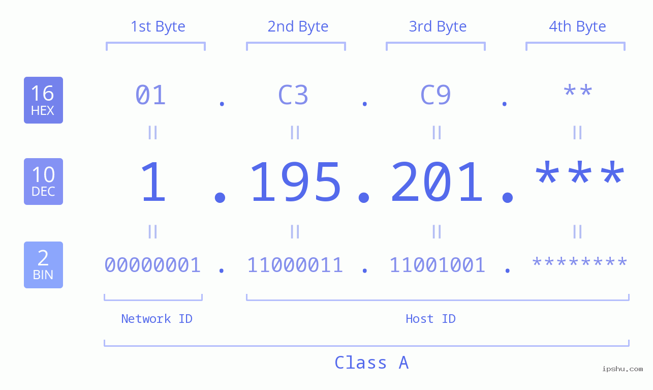 IP Address: 1.195.201 Data Structure Chart BIN DEC HEX IPv4: 1.195.201 Network Class, Net ID, Host ID