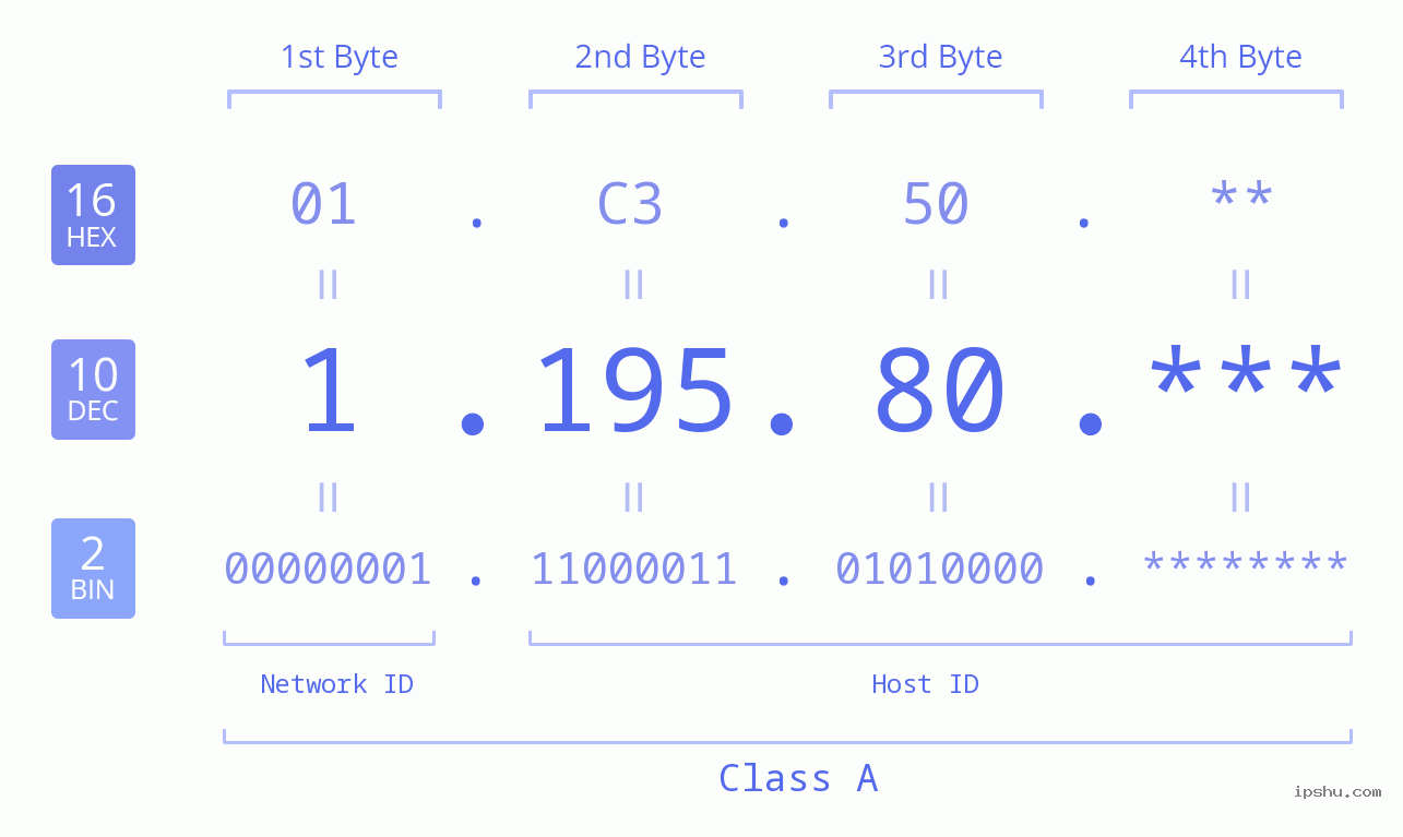 IP Address: 1.195.80 Data Structure Chart BIN DEC HEX IPv4: 1.195.80 Network Class, Net ID, Host ID