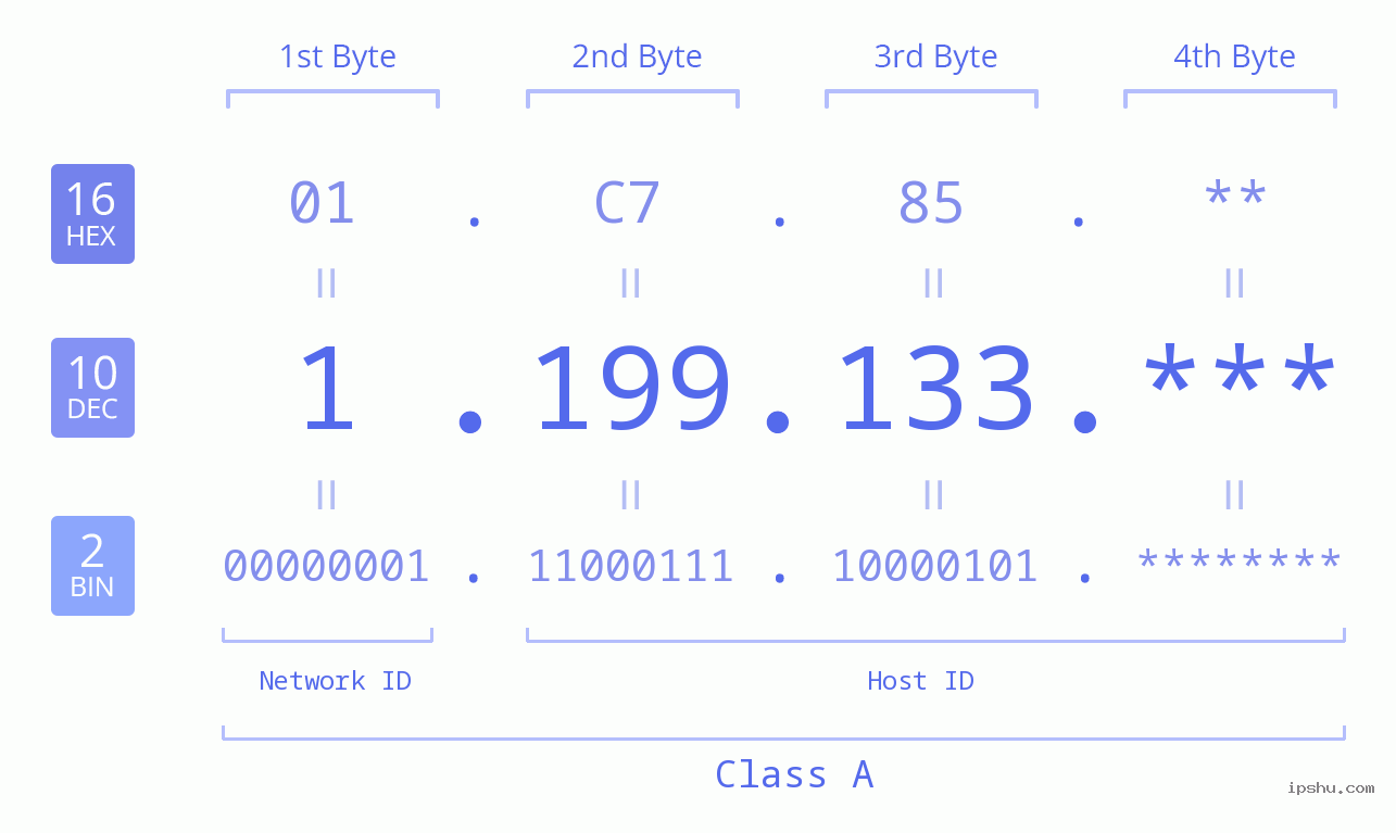 IP Address: 1.199.133 Data Structure Chart BIN DEC HEX IPv4: 1.199.133 Network Class, Net ID, Host ID
