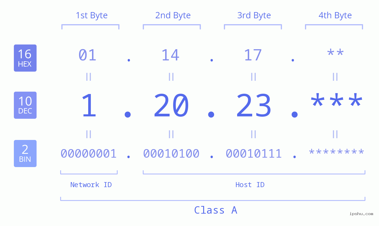 IP Address: 1.20.23 Data Structure Chart BIN DEC HEX IPv4: 1.20.23 Network Class, Net ID, Host ID