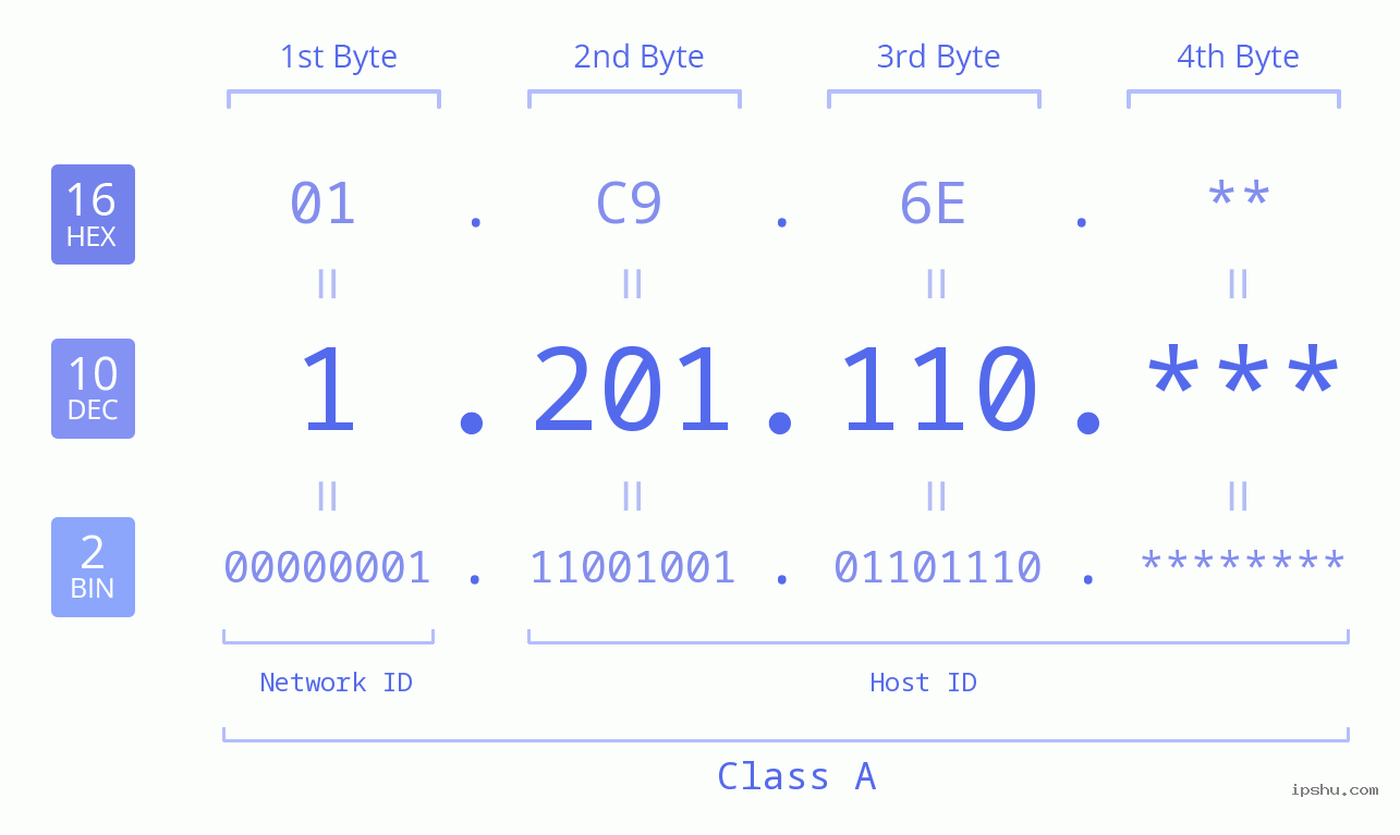 IP Address: 1.201.110 Data Structure Chart BIN DEC HEX IPv4: 1.201.110 Network Class, Net ID, Host ID