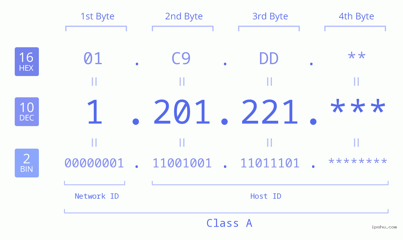 IP Address: 1.201.221 Data Structure Chart BIN DEC HEX IPv4: 1.201.221 Network Class, Net ID, Host ID