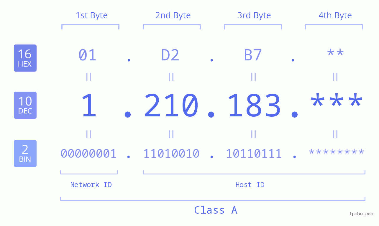 IP Address: 1.210.183 Data Structure Chart BIN DEC HEX IPv4: 1.210.183 Network Class, Net ID, Host ID
