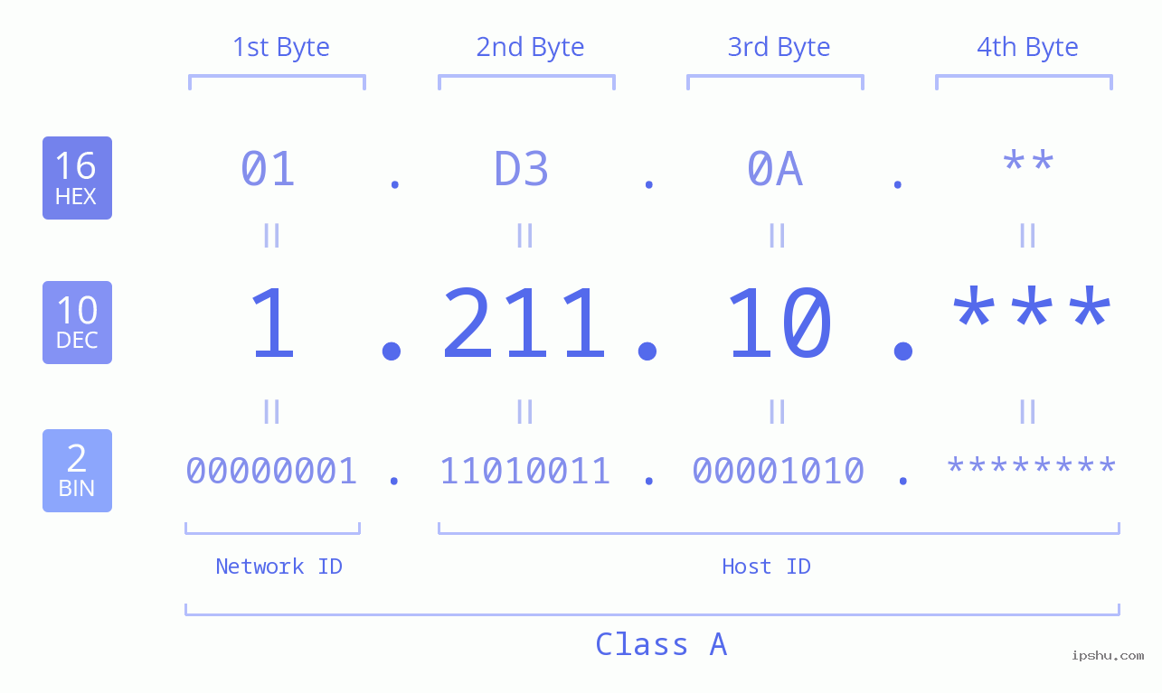 IP Address: 1.211.10 Data Structure Chart BIN DEC HEX IPv4: 1.211.10 Network Class, Net ID, Host ID