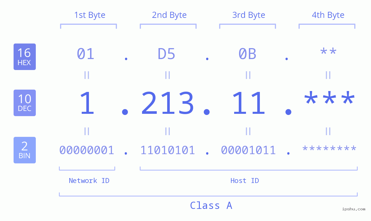 IP Address: 1.213.11 Data Structure Chart BIN DEC HEX IPv4: 1.213.11 Network Class, Net ID, Host ID