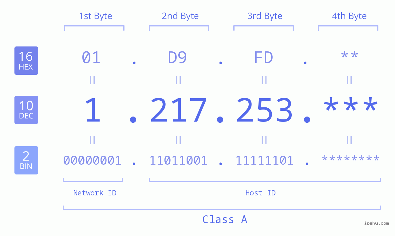 IP Address: 1.217.253 Data Structure Chart BIN DEC HEX IPv4: 1.217.253 Network Class, Net ID, Host ID