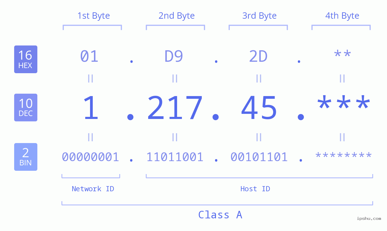 IP Address: 1.217.45 Data Structure Chart BIN DEC HEX IPv4: 1.217.45 Network Class, Net ID, Host ID