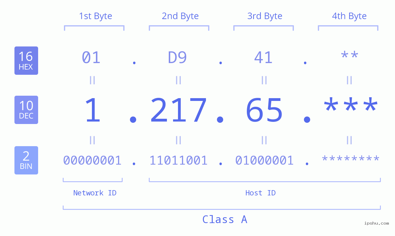 IP Address: 1.217.65 Data Structure Chart BIN DEC HEX IPv4: 1.217.65 Network Class, Net ID, Host ID