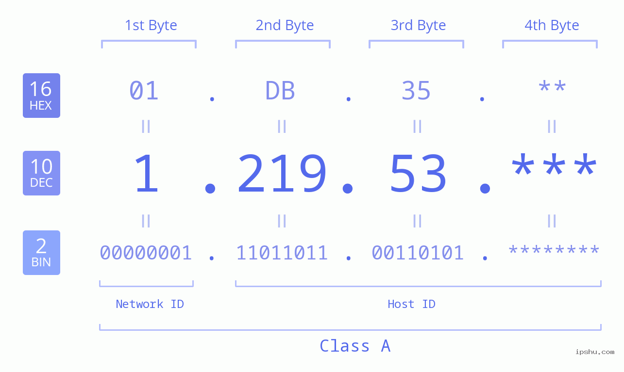 IP Address: 1.219.53 Data Structure Chart BIN DEC HEX IPv4: 1.219.53 Network Class, Net ID, Host ID