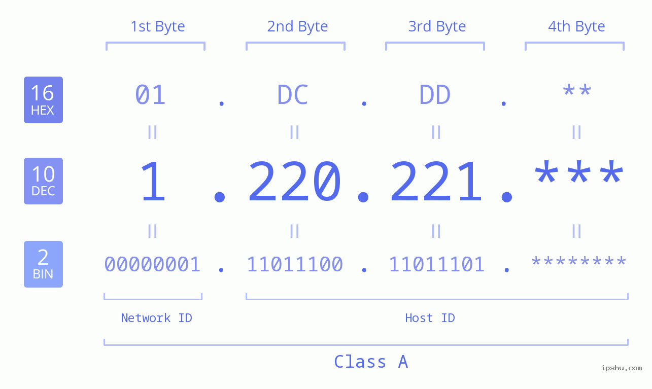 IP Address: 1.220.221 Data Structure Chart BIN DEC HEX IPv4: 1.220.221 Network Class, Net ID, Host ID