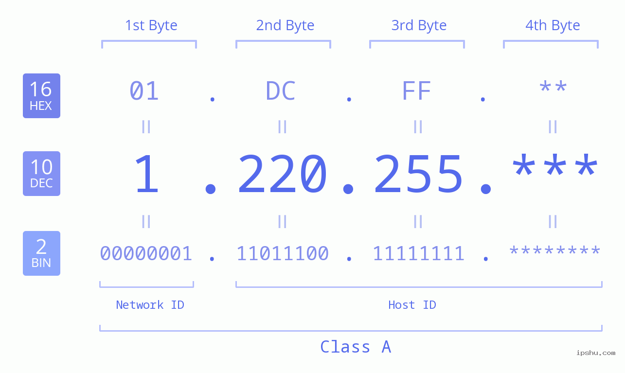 IP Address: 1.220.255 Data Structure Chart BIN DEC HEX IPv4: 1.220.255 Network Class, Net ID, Host ID
