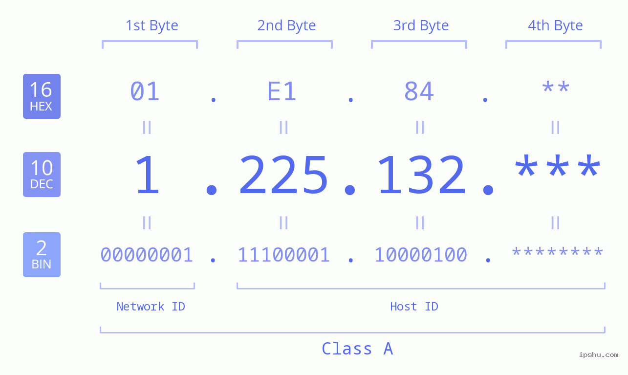 IP Address: 1.225.132 Data Structure Chart BIN DEC HEX IPv4: 1.225.132 Network Class, Net ID, Host ID