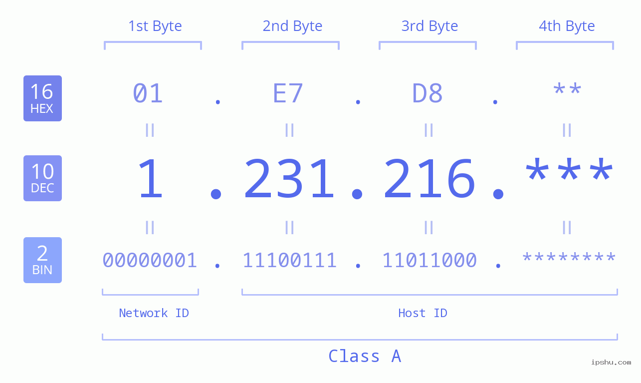 IP Address: 1.231.216 Data Structure Chart BIN DEC HEX IPv4: 1.231.216 Network Class, Net ID, Host ID