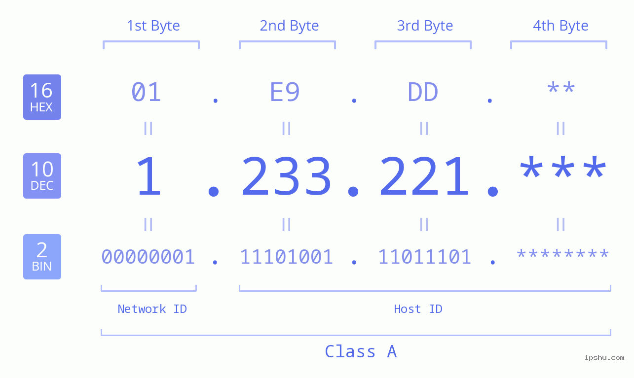 IP Address: 1.233.221 Data Structure Chart BIN DEC HEX IPv4: 1.233.221 Network Class, Net ID, Host ID