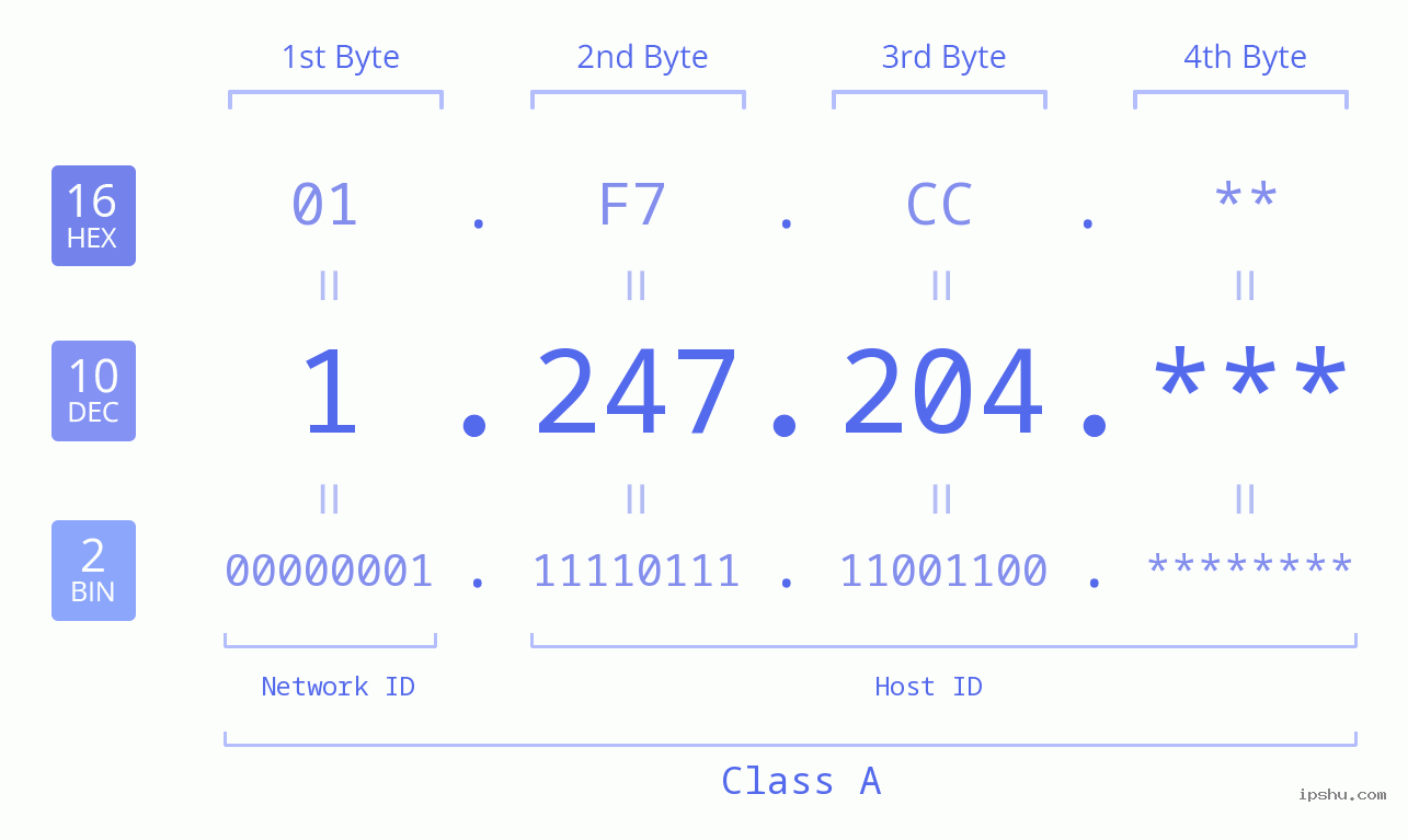 IP Address: 1.247.204 Data Structure Chart BIN DEC HEX IPv4: 1.247.204 Network Class, Net ID, Host ID