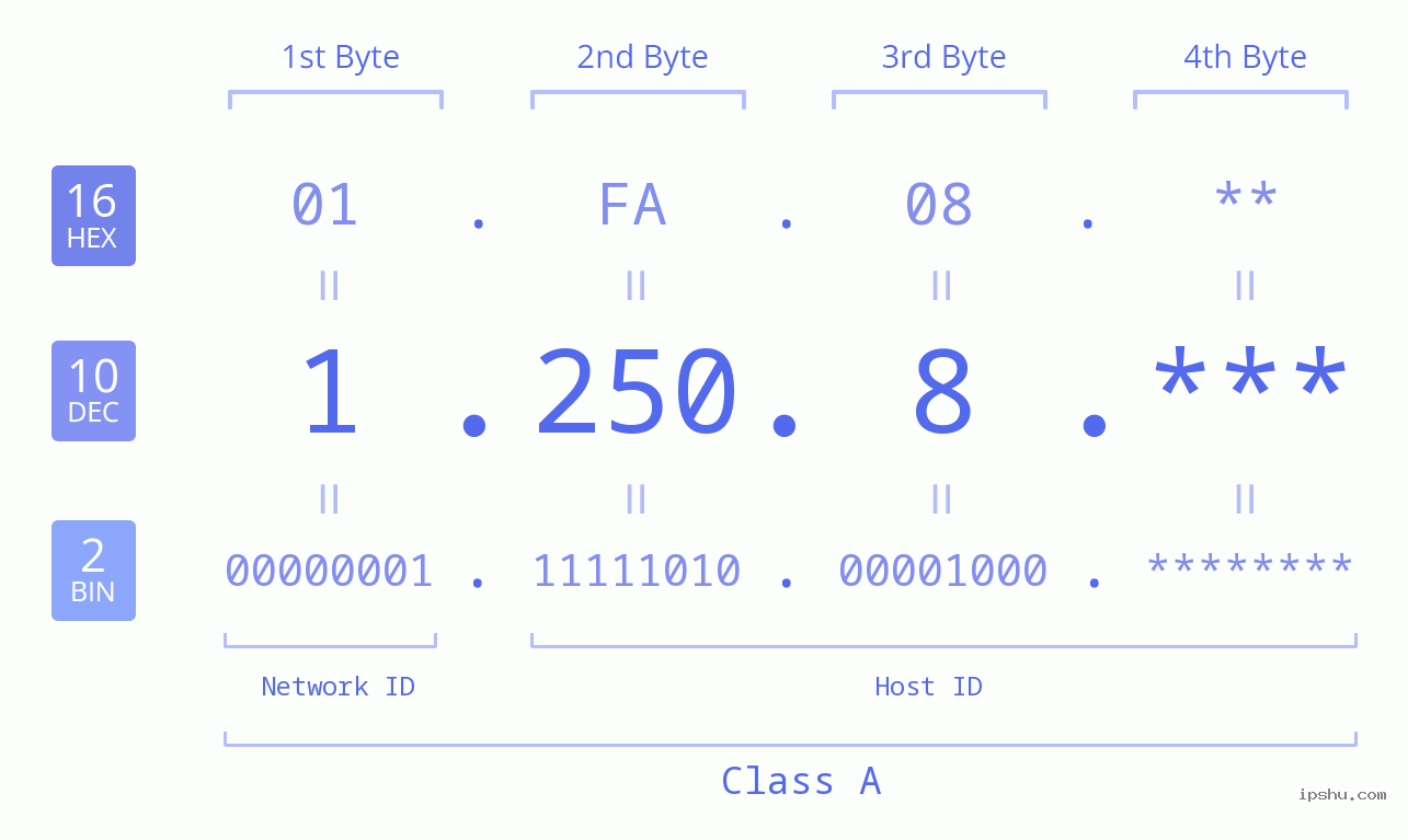 IP Address: 1.250.8 Data Structure Chart BIN DEC HEX IPv4: 1.250.8 Network Class, Net ID, Host ID