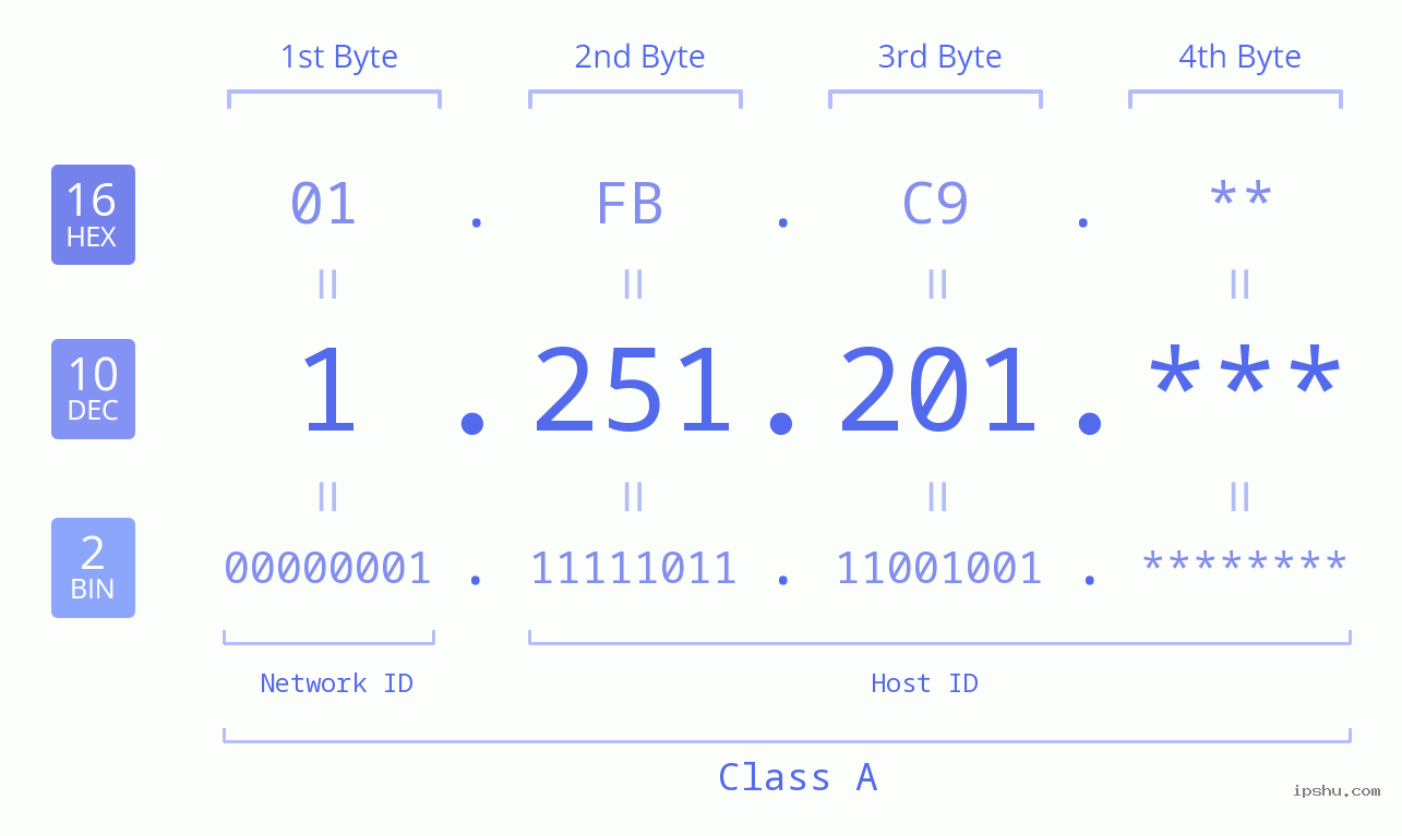 IP Address: 1.251.201 Data Structure Chart BIN DEC HEX IPv4: 1.251.201 Network Class, Net ID, Host ID