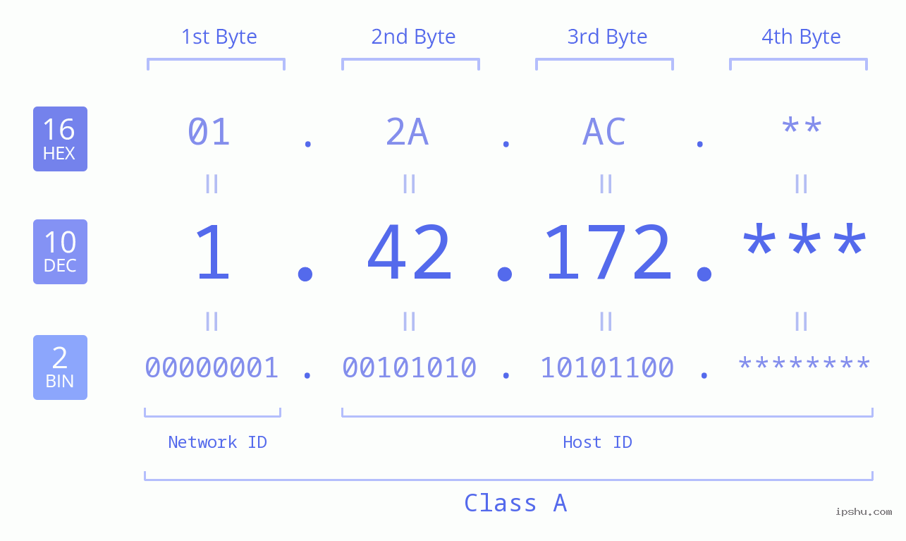 IP Address: 1.42.172 Data Structure Chart BIN DEC HEX IPv4: 1.42.172 Network Class, Net ID, Host ID